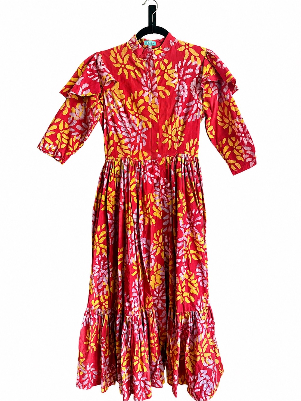 SIKA Floral Dress Button Front Sleeves Ruffle Cotton Anthro Anthropologie size 8